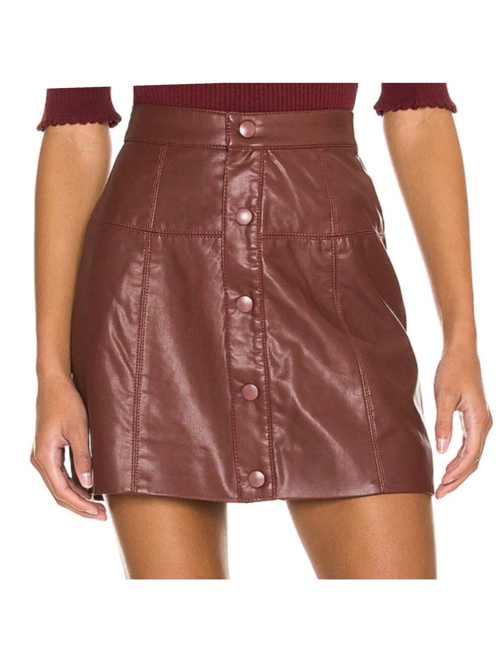 Free People Maisie Vegan Mini Skirt Brown Faux Leather Button Front Size 12